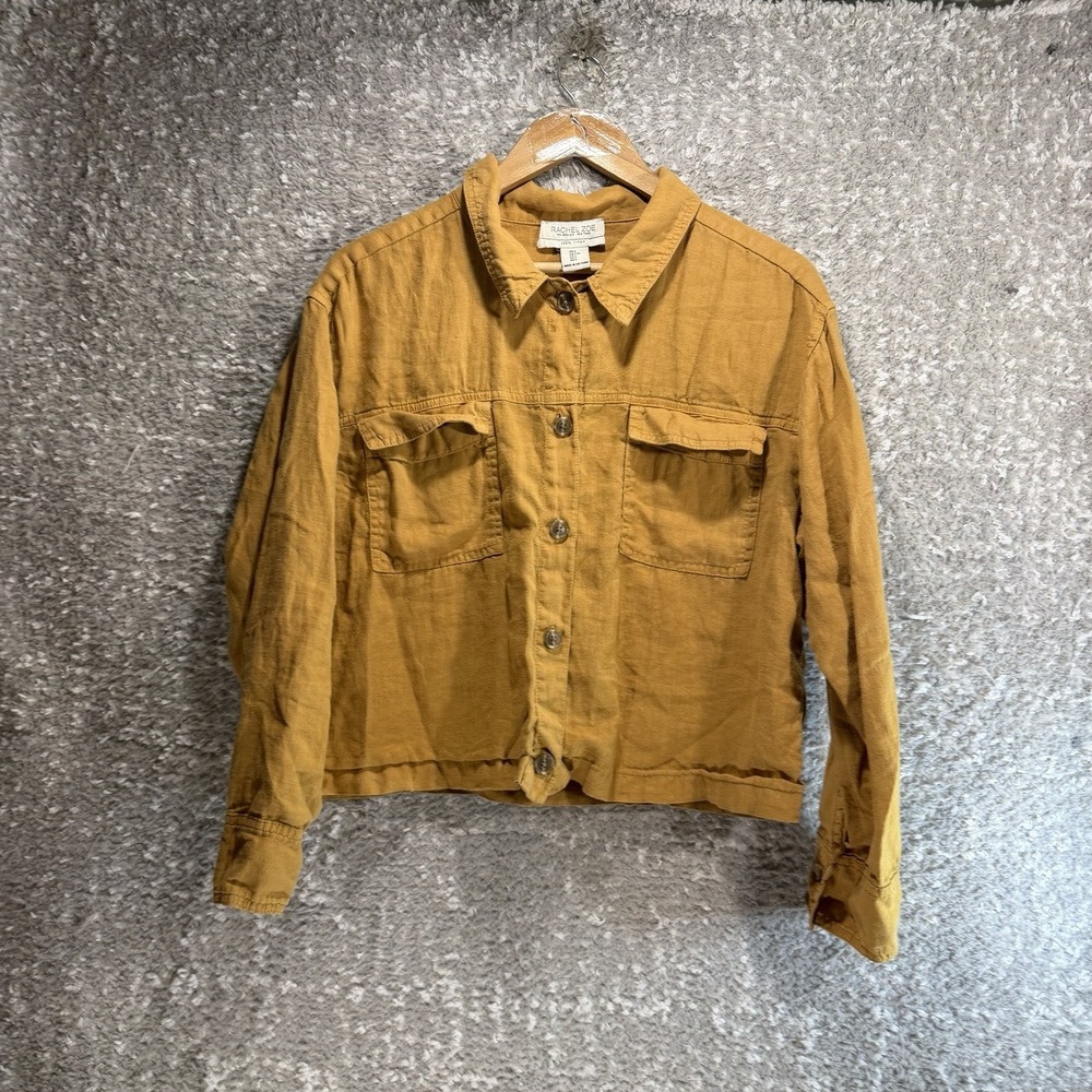 Rachel Zoe Linen Jacket Crop Boxy L Button Up Brown Beach Coastal Pockets